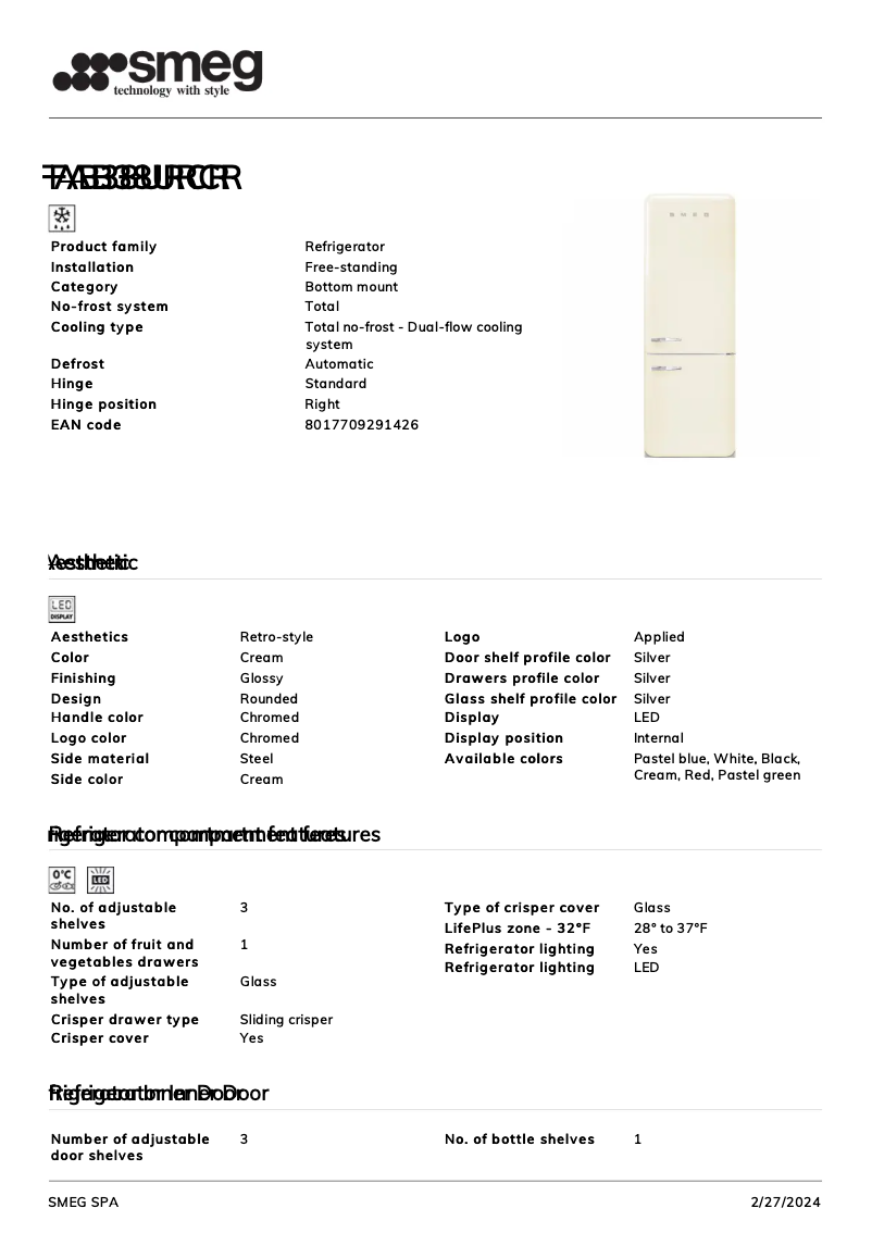 Page 1 de la notice Fiche technique Smeg FAB38URCR