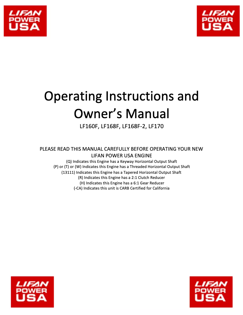 Page n°1 - Manuel utilisateur Lifan LF-170F