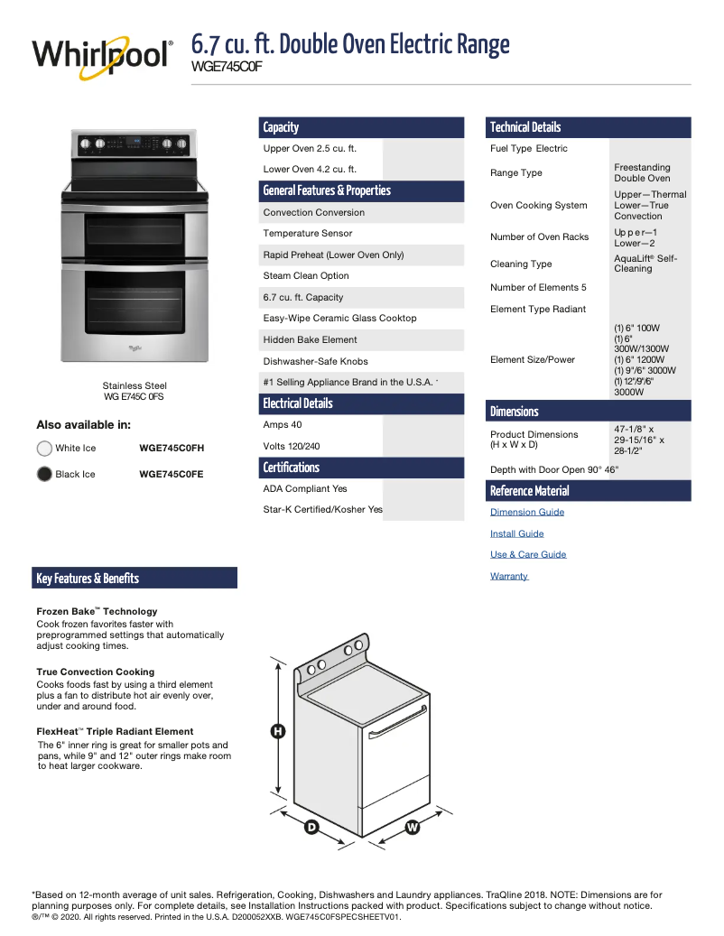 Page 1 de la notice Fiche technique Whirlpool WGE745C0FS