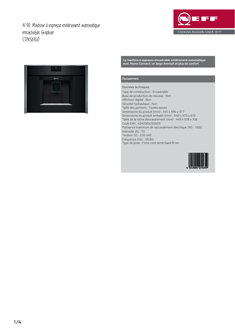 Page 1 de la notice Fiche technique Neff C17KS61G0