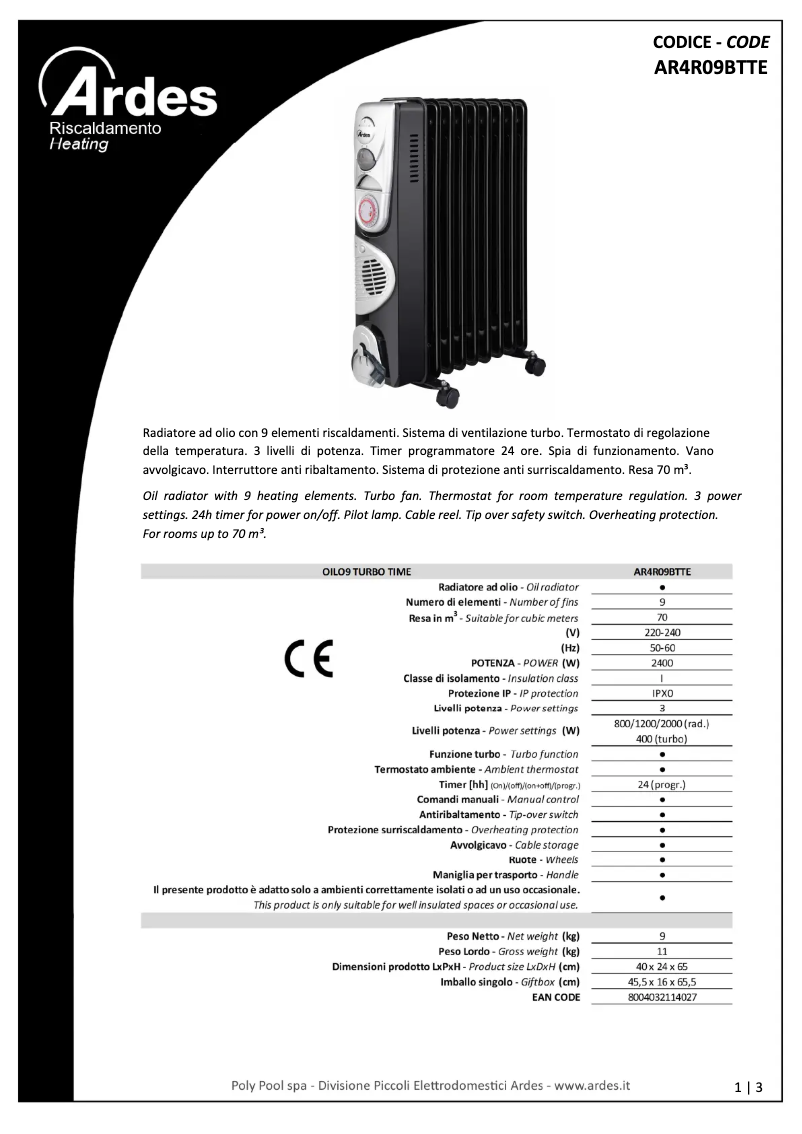 Page n°1 - Fiche technique Ardes AR4R09BTTE