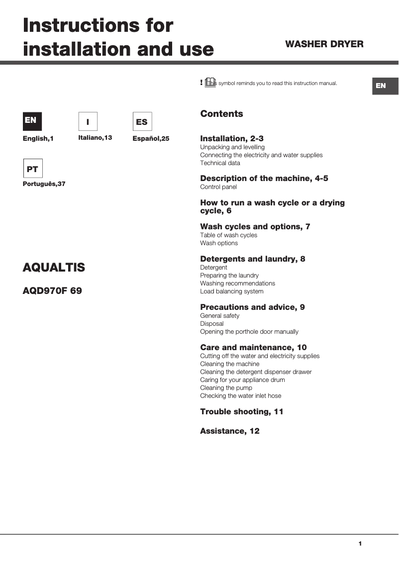 Page 1 de la notice Manuel utilisateur Hotpoint AQD970F 69