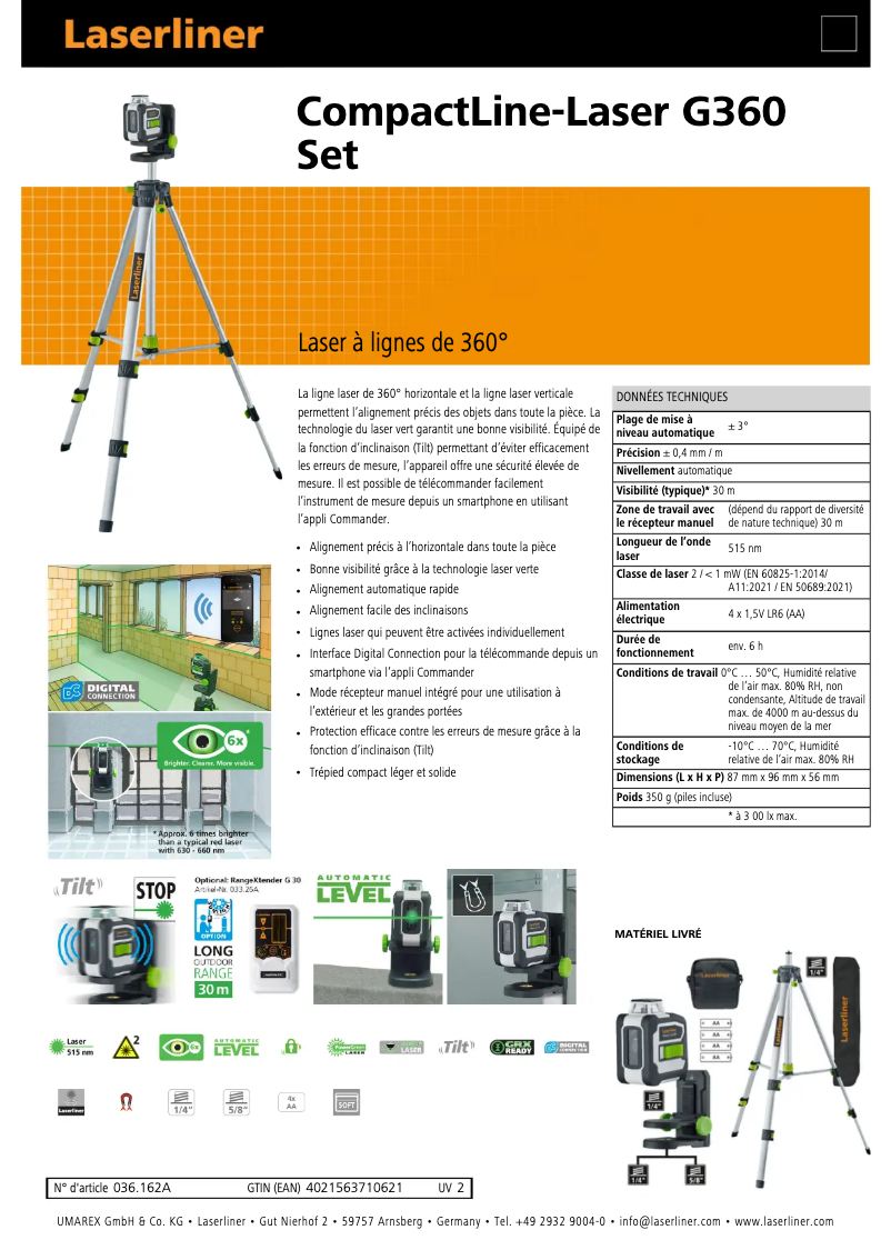 Page 1 de la notice Fiche technique Laserliner CompactLine-Laser G360