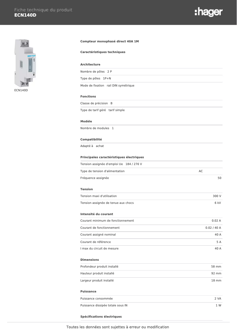Page n°1 - Fiche technique Hager ECN140D