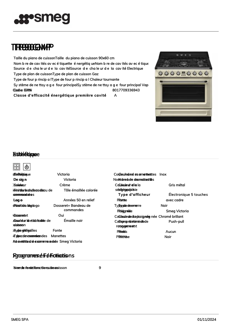 Page 1 de la notice Fiche technique Smeg TR90GMP