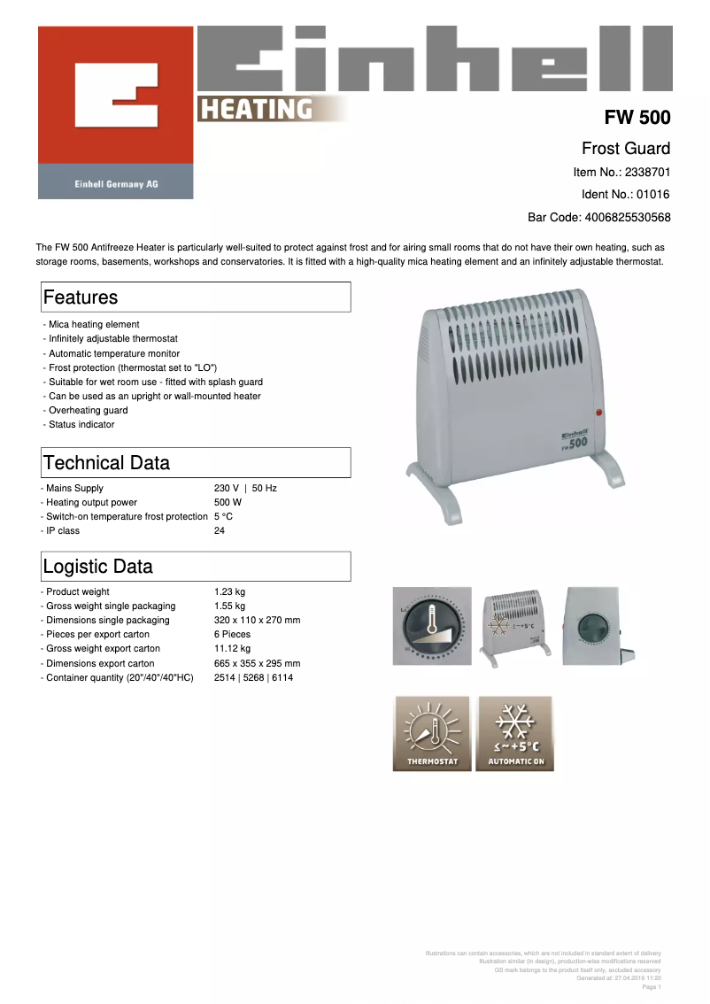 Page n°1 - Fiche technique Einhell FW 500