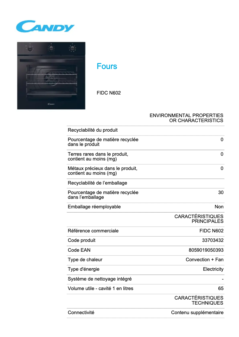 Page 1 de la notice Fiche technique Candy FIDC N602