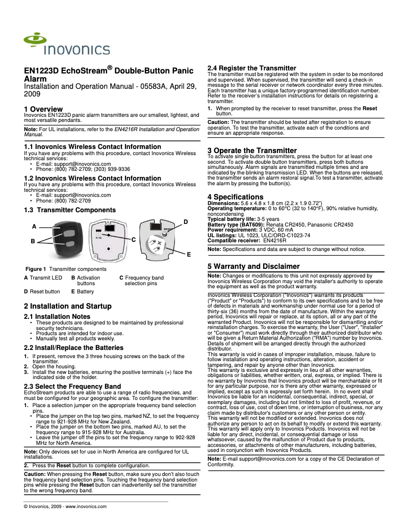 Page 1 de la notice Manuel utilisateur Inovonics EchoStream EN1223D