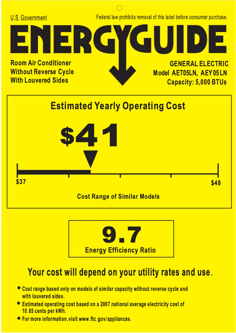 Page 1 de la notice Label énergétique GE AEY05LN
