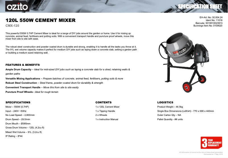 Page 1 de la notice Fiche technique Ozito CMX-120
