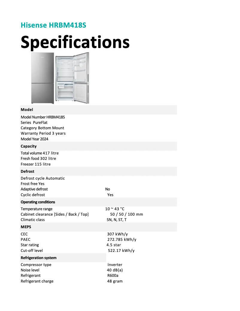Page 1 de la notice Fiche technique Hisense HRBM418S