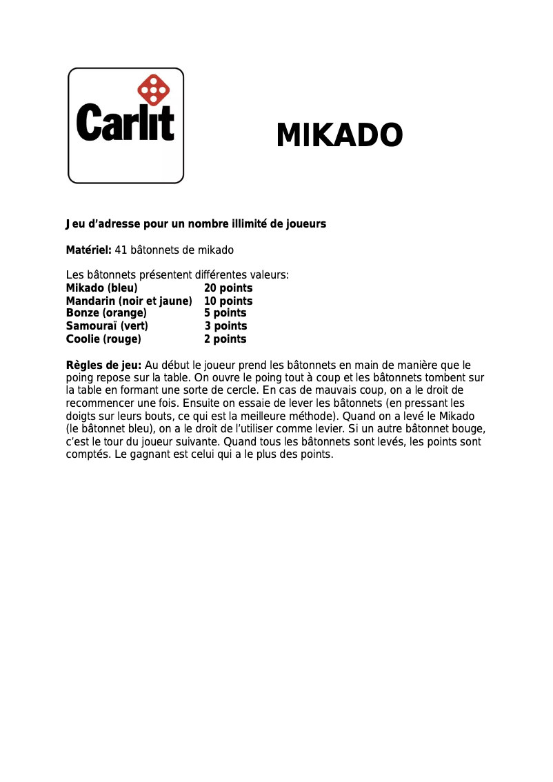 Page 1 de la notice Manuel utilisateur Carlit Mikado