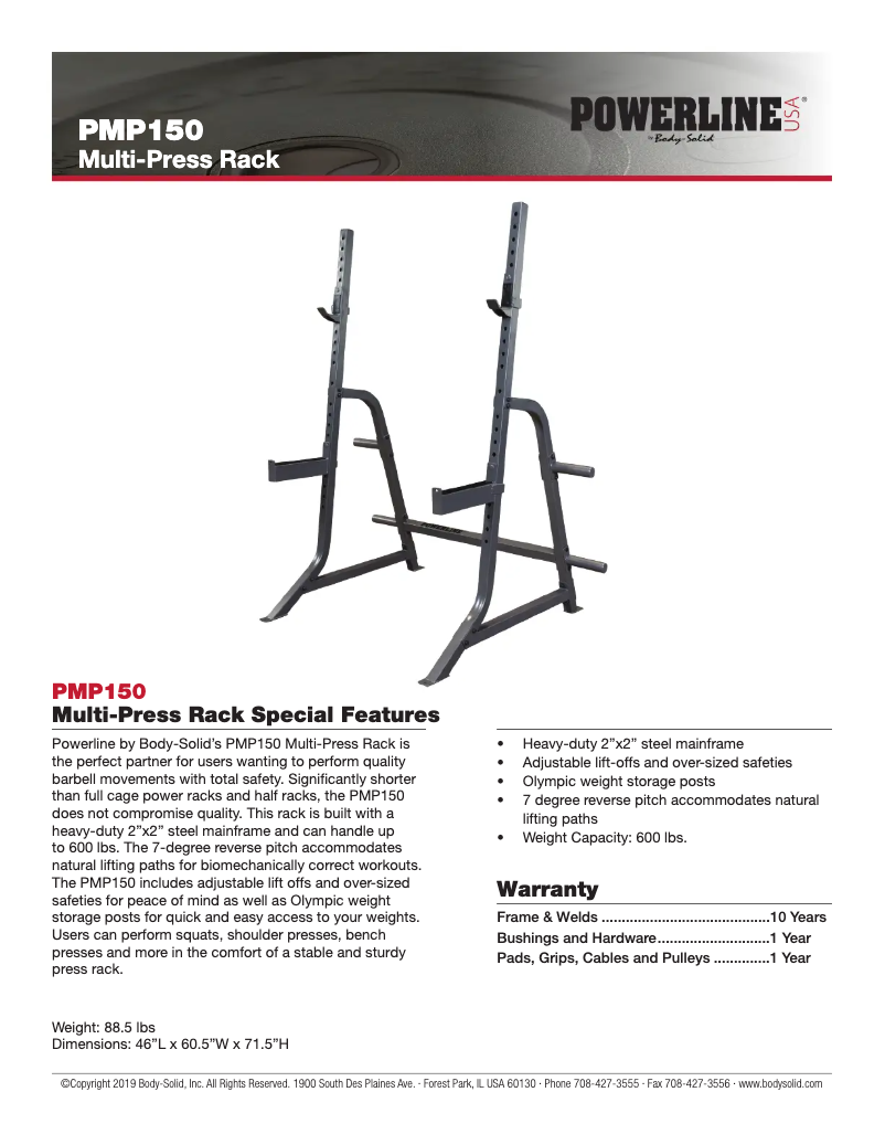 Page 1 de la notice Fiche technique Body-Solid Powerline PMP150