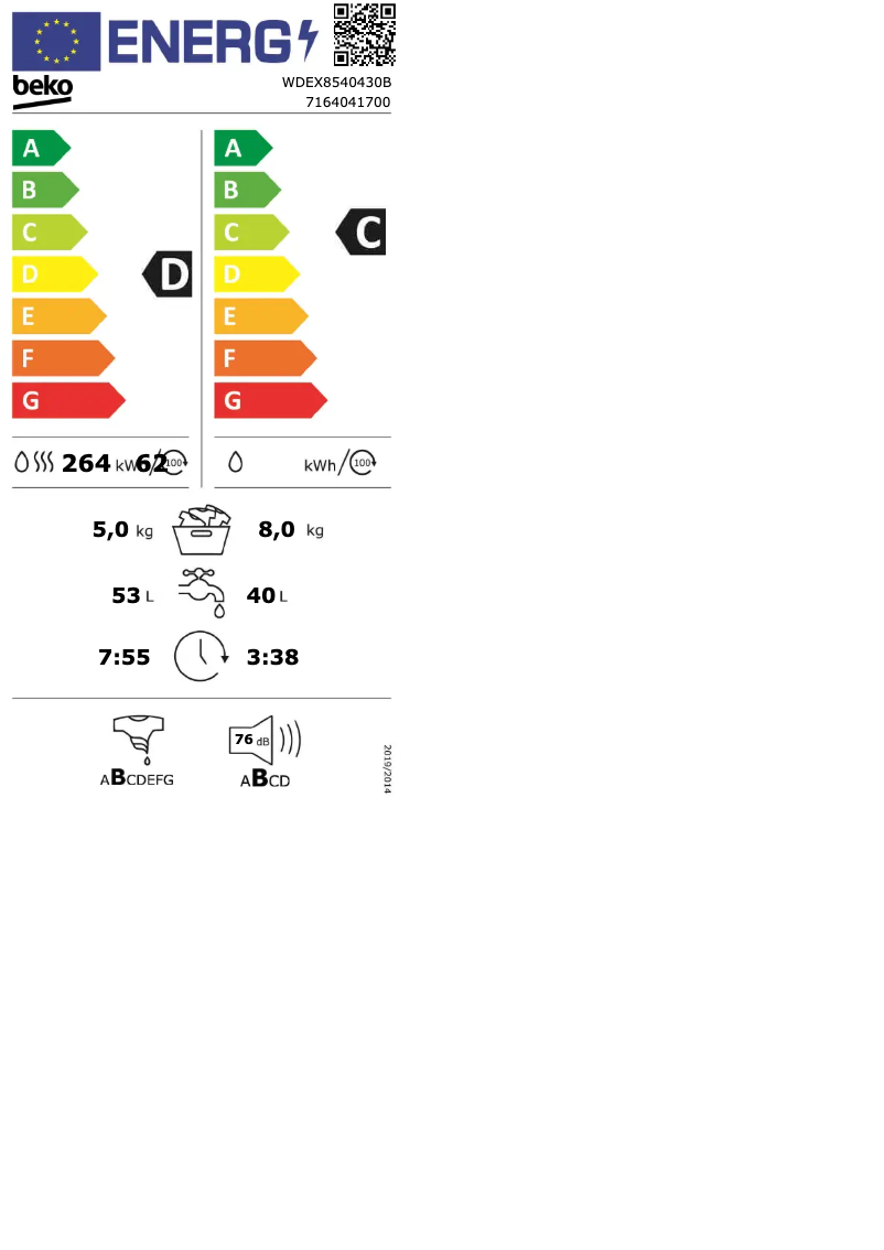 Page 1 de la notice Label énergétique Beko WDEX8540430B