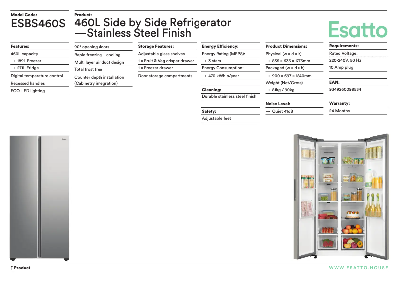 Page 1 de la notice Fiche technique Esatto ESBS460S