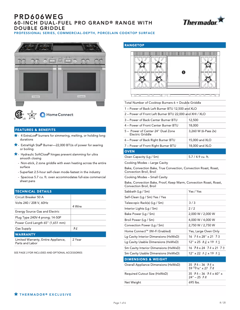 Page 1 de la notice Fiche technique Thermador PRD606WEG