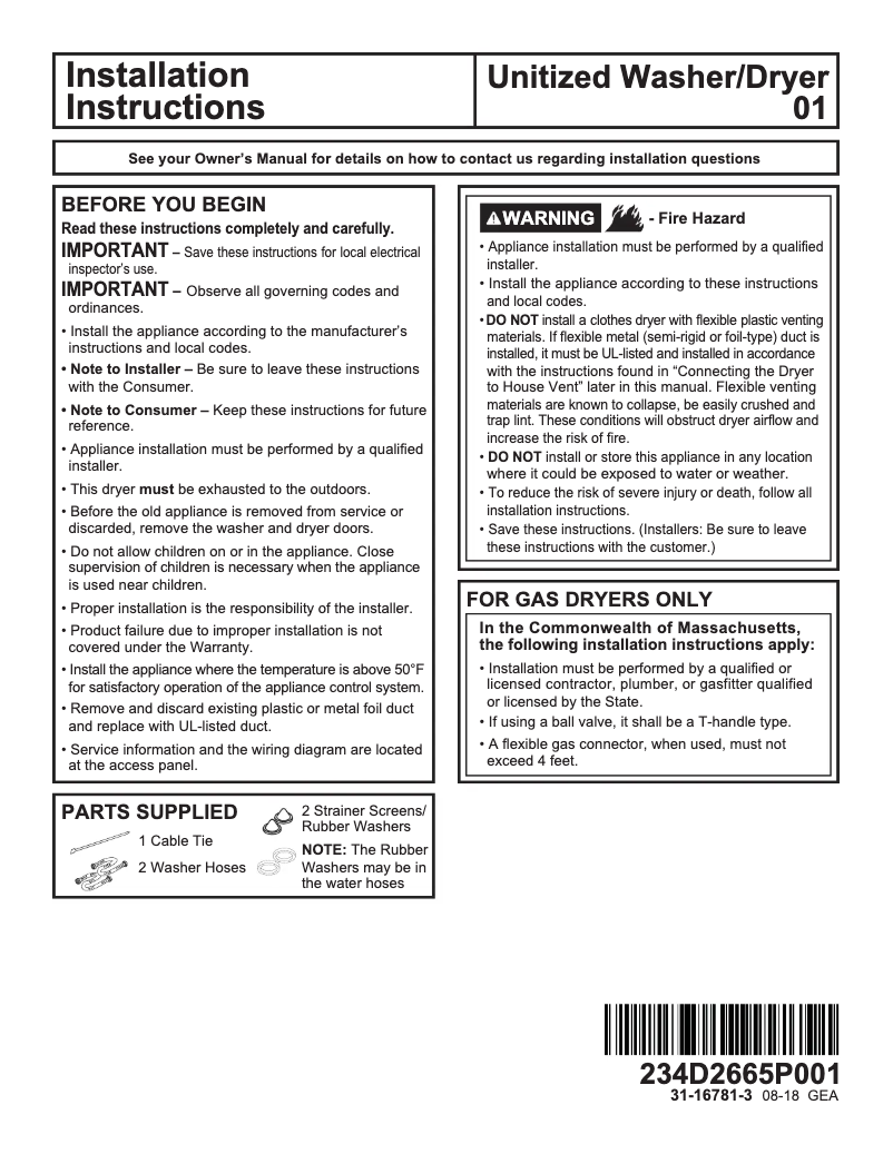 Page n°1 - Guide d'installation GE GUD27GSPMDG