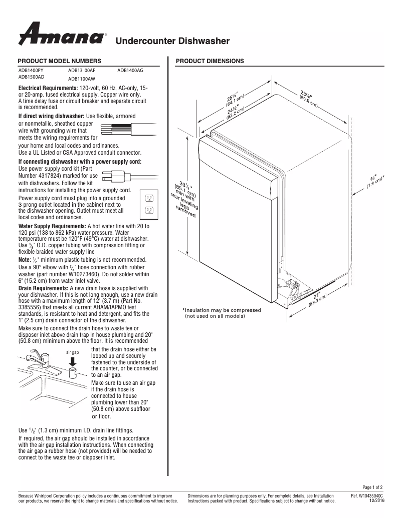Page 1 de la notice Fiche technique Amana ADB1400AG