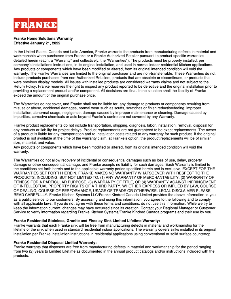 Page 1 de la notice Manuel utilisateur Franke FF5280