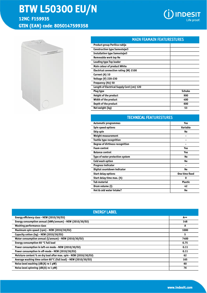 Page 1 de la notice Fiche technique Indesit BTW L50300 EU/N
