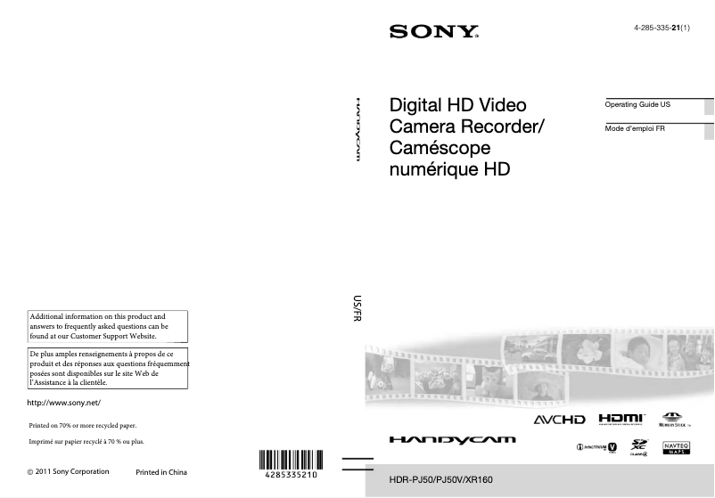 Page 1 de la notice Manuel utilisateur Sony Handycam HDR-PJ50V