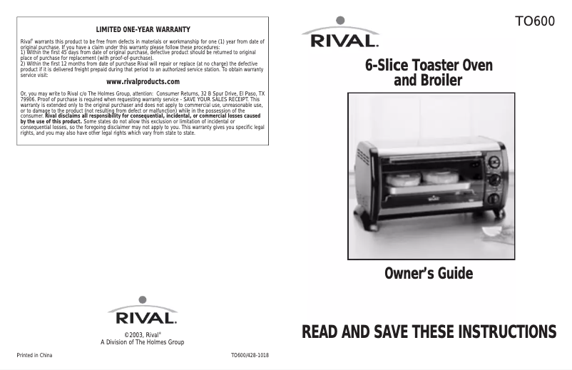 Page 1 de la notice Manuel utilisateur Rival TO600