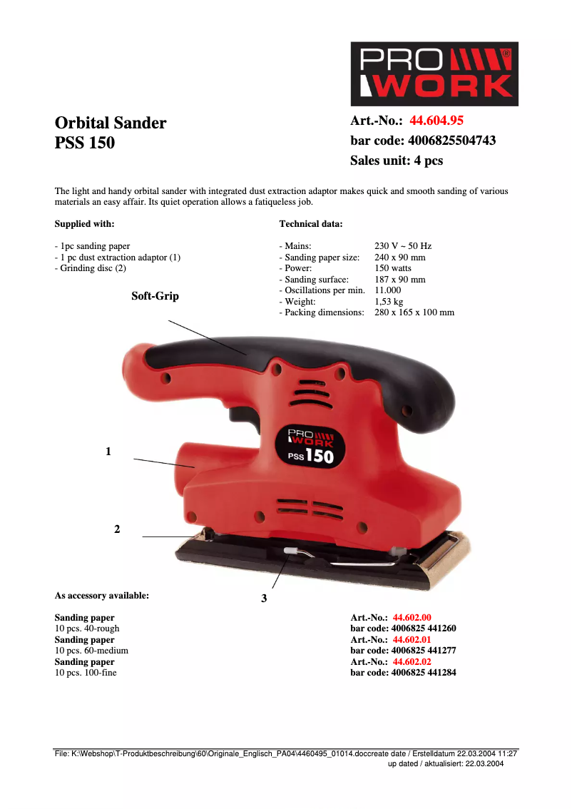 Page 1 de la notice Fiche technique Prowork PSS 150