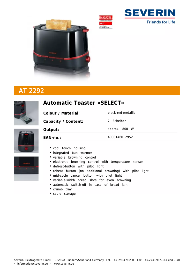 Page n°1 - Fiche technique Severin AT 2292