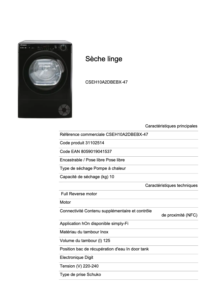 Page 1 de la notice Fiche technique Candy CSEH10A2DBEBX-47
