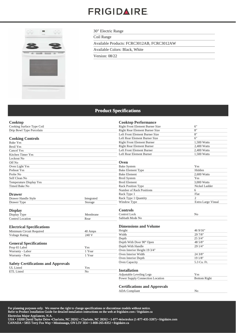 Page n°1 - Fiche technique Frigidaire FCRC3012AW