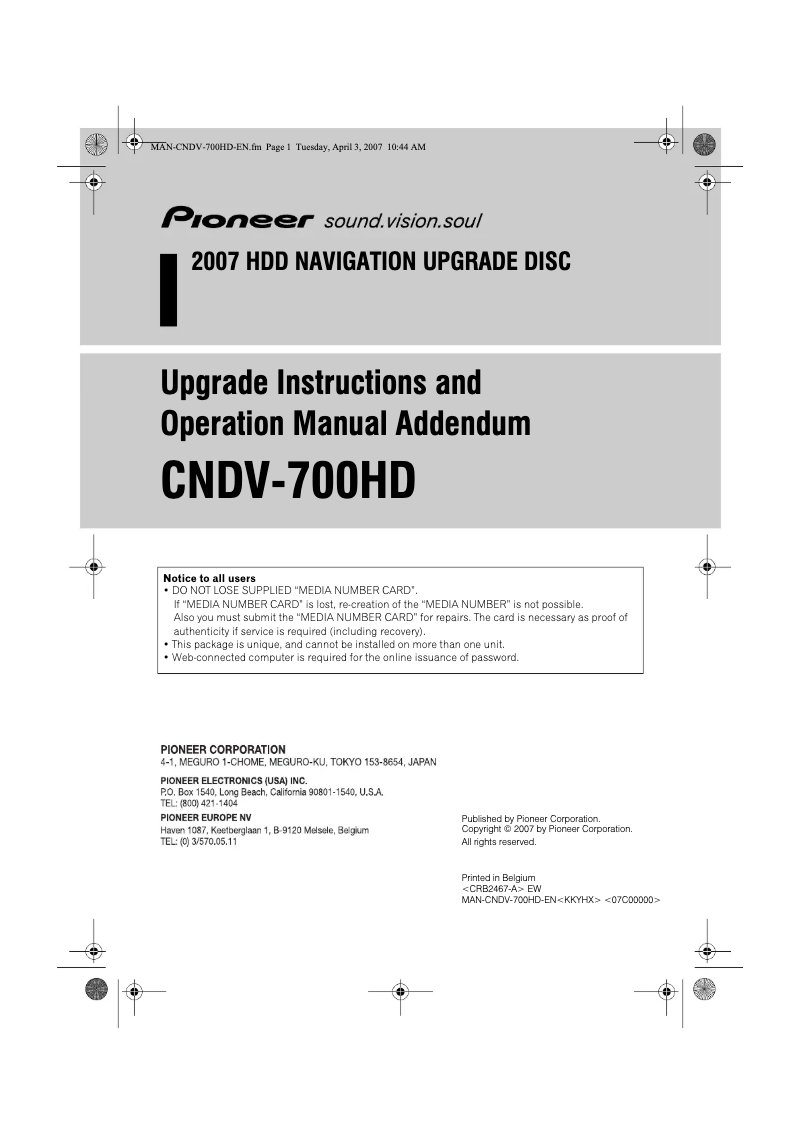 Page n°1 - Manuel utilisateur Pioneer CNDV-700HD