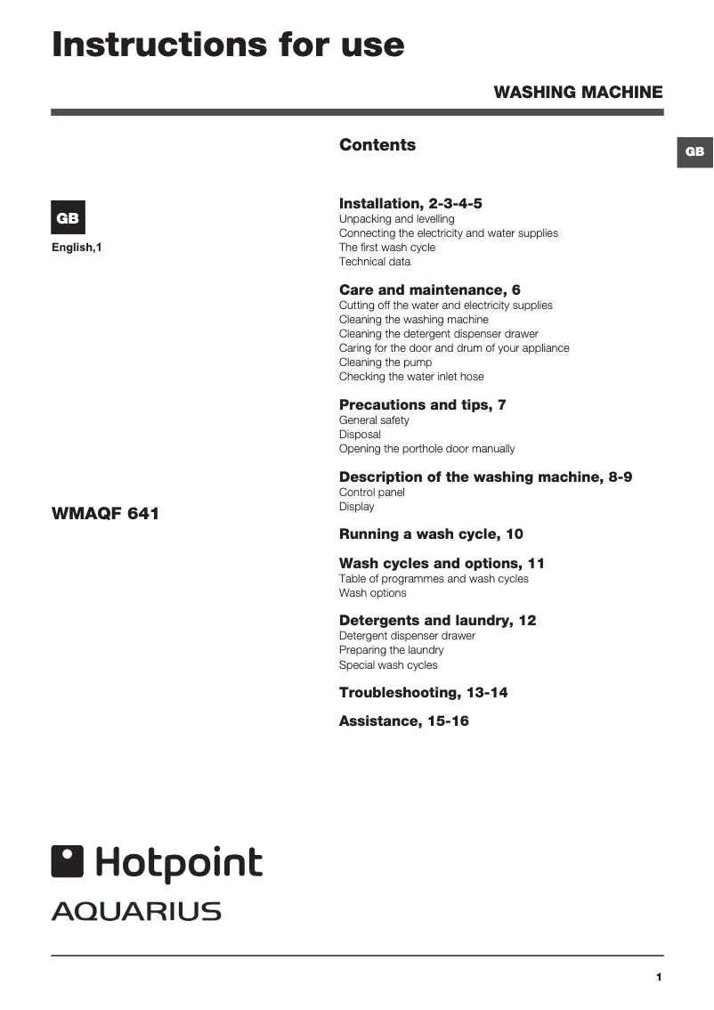 Page n°1 - Manuel utilisateur Hotpoint WMAQF 641G UK