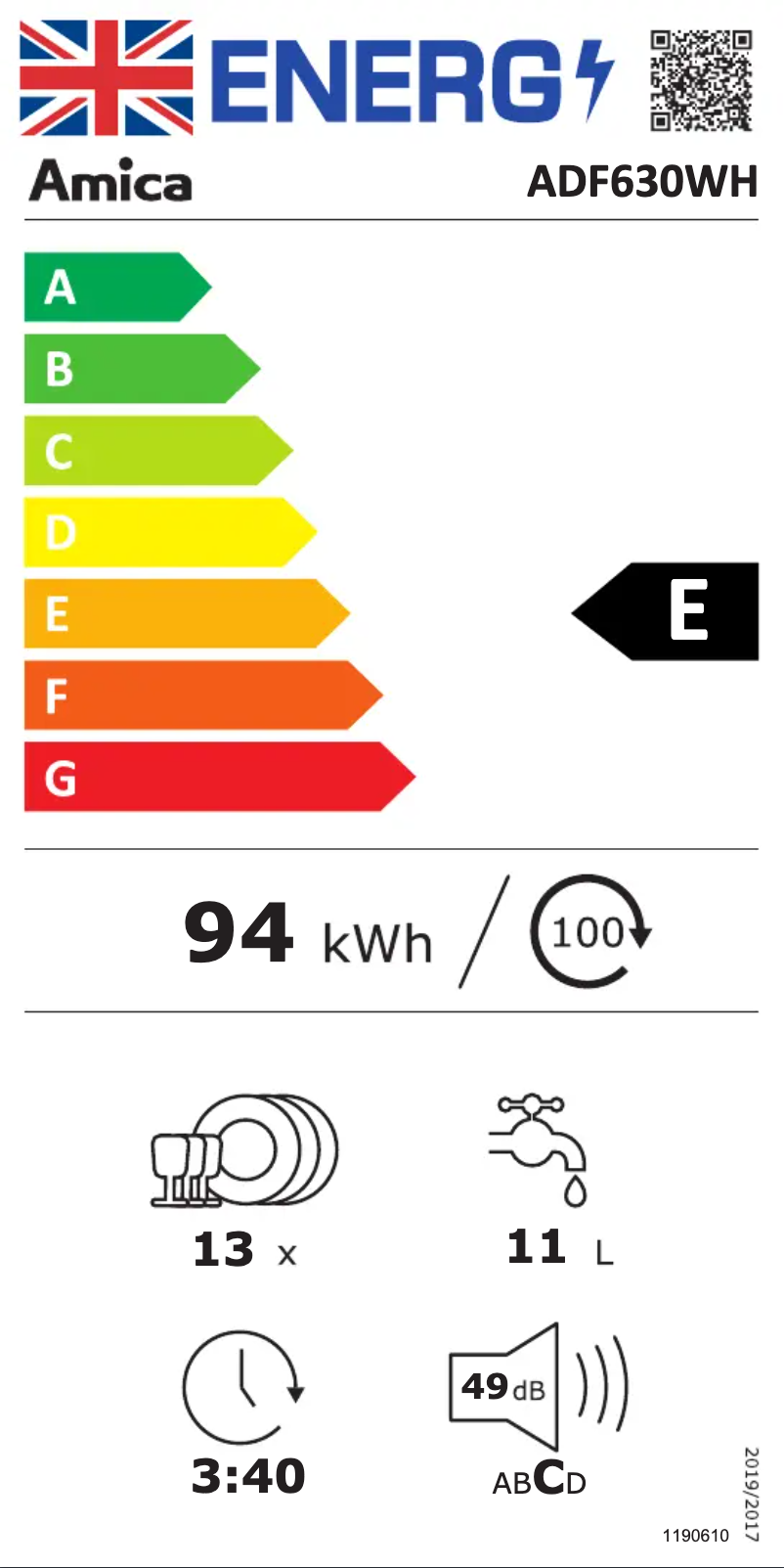 Page 1 de la notice Label énergétique Amica ADF630WH