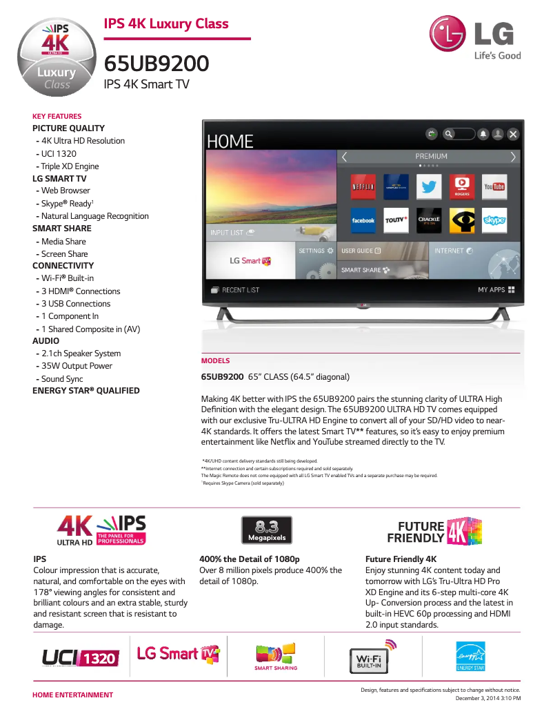 Página 1 del manual Ficha técnica LG 65UB9200