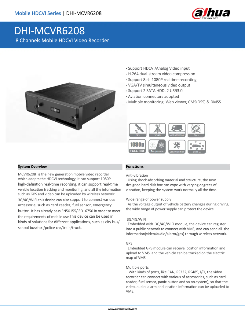 Page 1 de la notice Fiche technique Dahua Technology MCVR6208