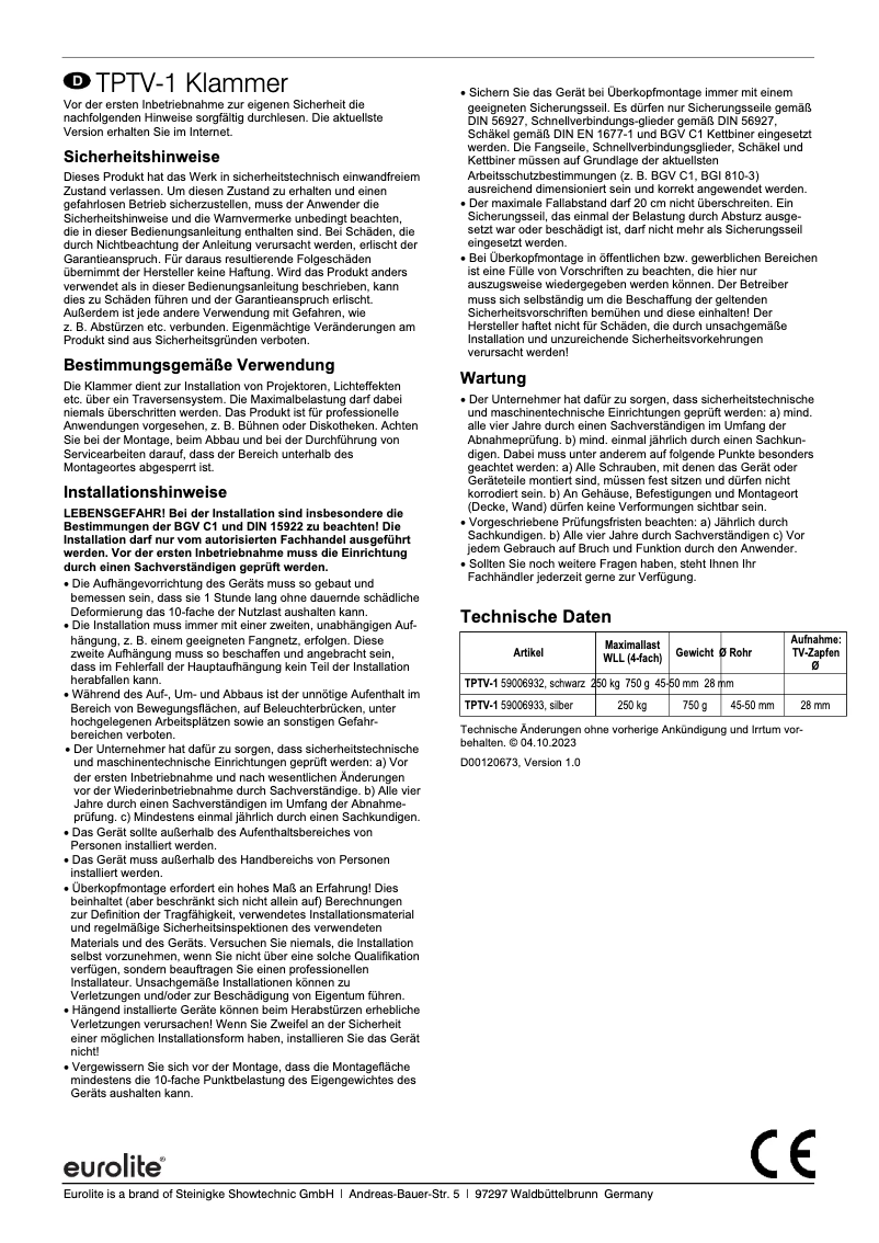 Page 1 of the manual User Manual Eurolite TPTV-1