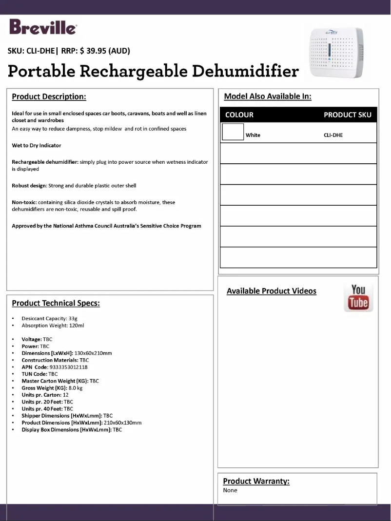 Page 1 de la notice Fiche technique Cli-mate CLI-DHE
