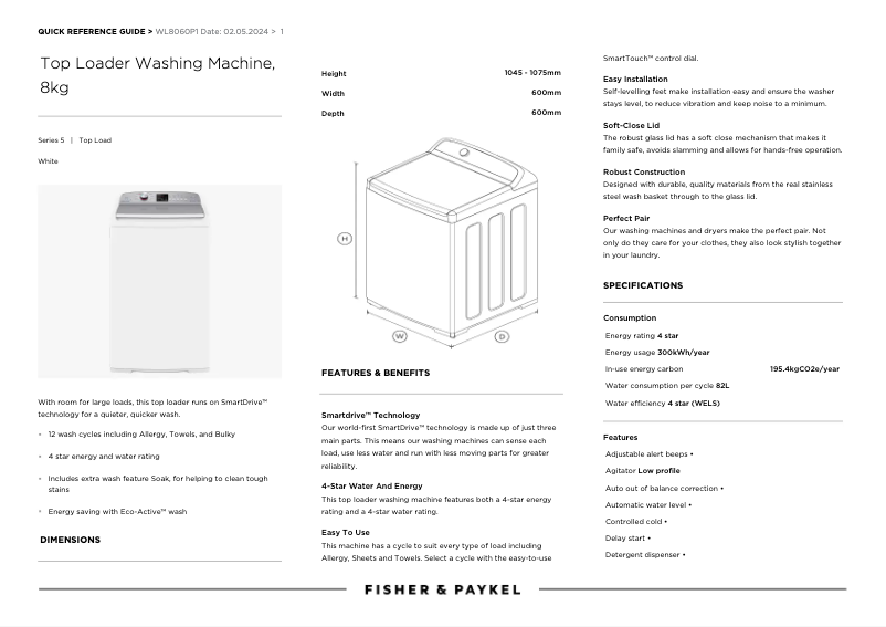 Page 1 of the manual User Manual Fisher & Paykel WL8060P1