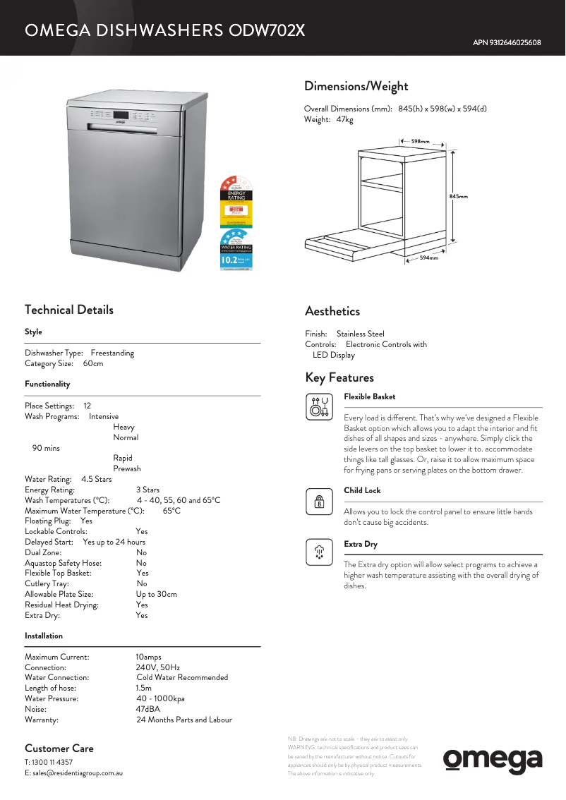 Page n°1 - Fiche technique Omega ODW702X