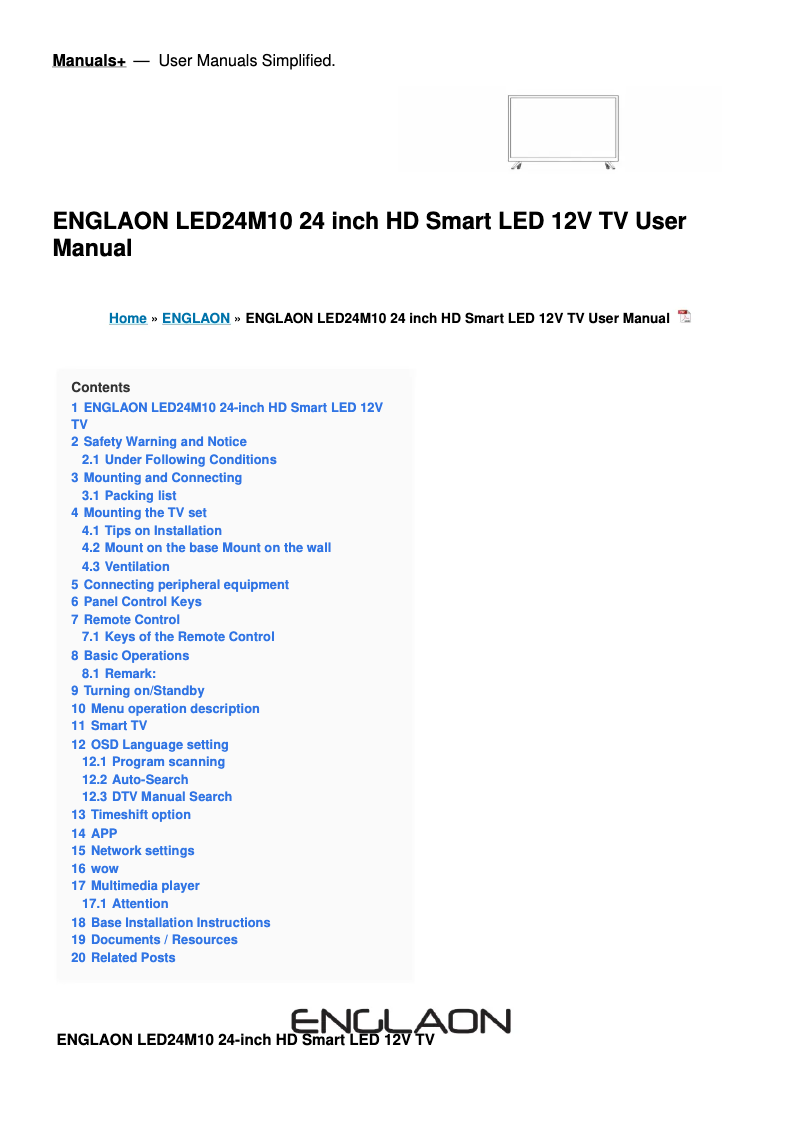 Page 1 de la notice Manuel utilisateur Englaon LED24M10