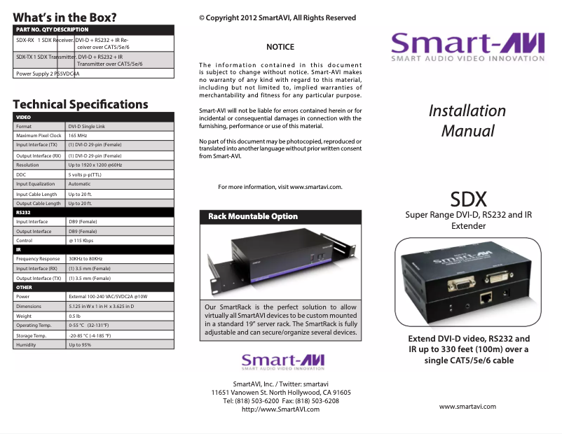 Page 1 de la notice Manuel utilisateur Smart-AVI SDX-S