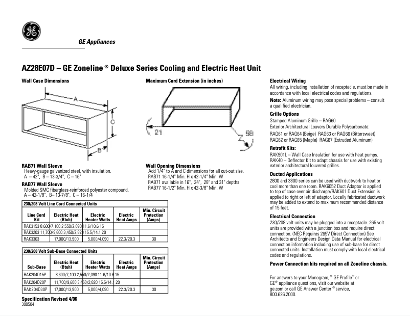 Page 1 de la notice Fiche technique GE AZ28E07DAB