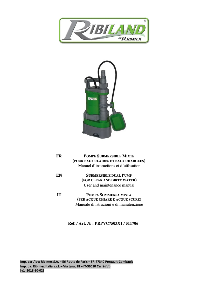 Page 1 de la notice Manuel utilisateur Ribimex Ribiland PRPVC7503X1