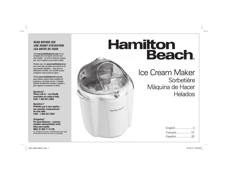 Page 1 de la notice Manuel utilisateur Hamilton Beach 68320