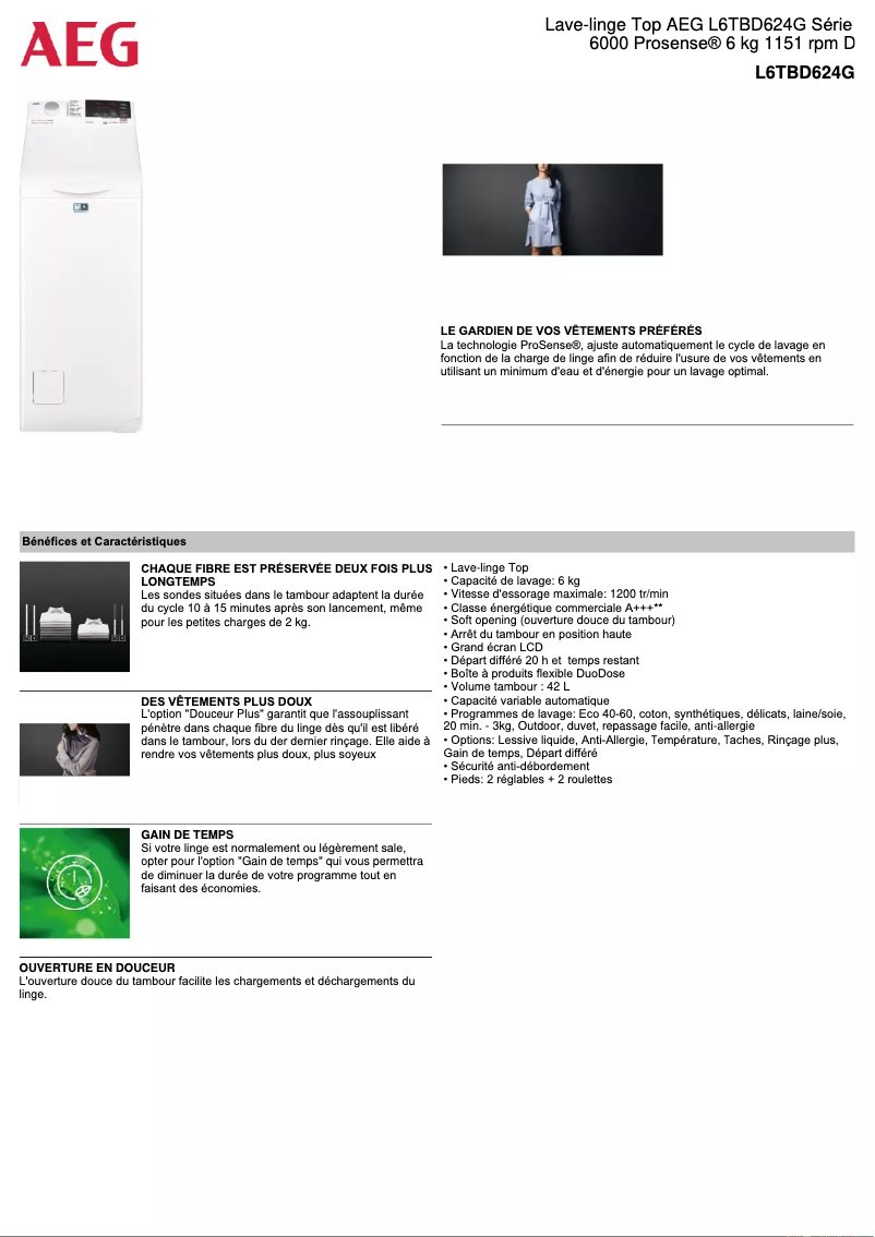Page 1 de la notice Fiche technique AEG L6TBD624G