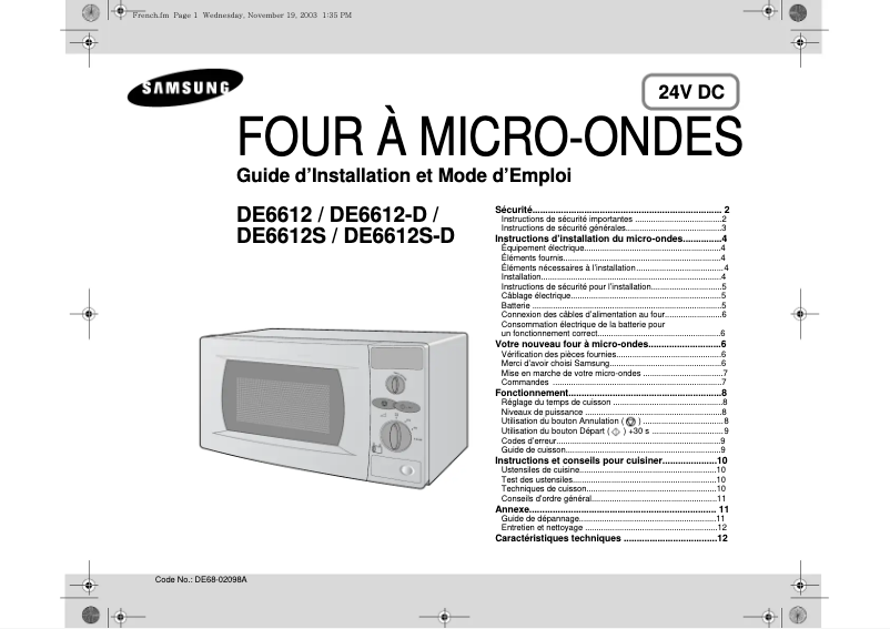 Page n°1 - Manuel utilisateur Samsung DE6612S-D