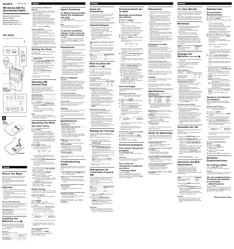Page 1 de la notice Manuel utilisateur Sony SRF-M806