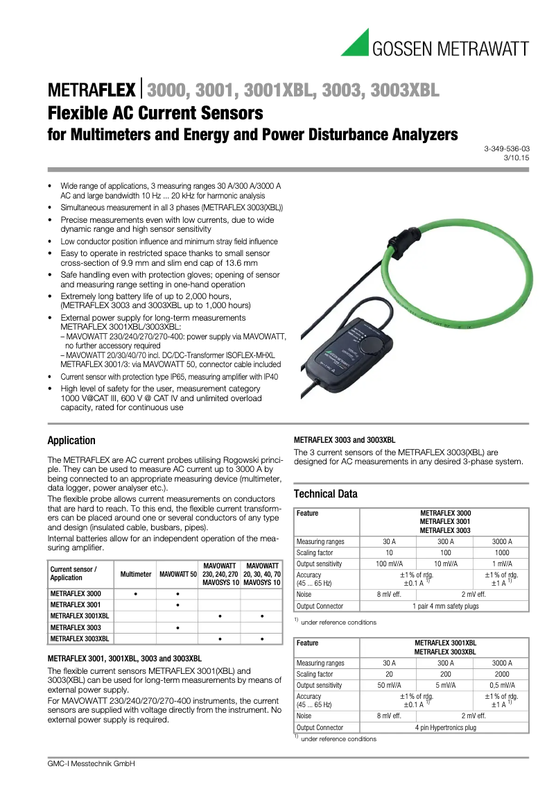 Page 1 de la notice Fiche technique Gossen Metrawatt METRAFLEX 3000