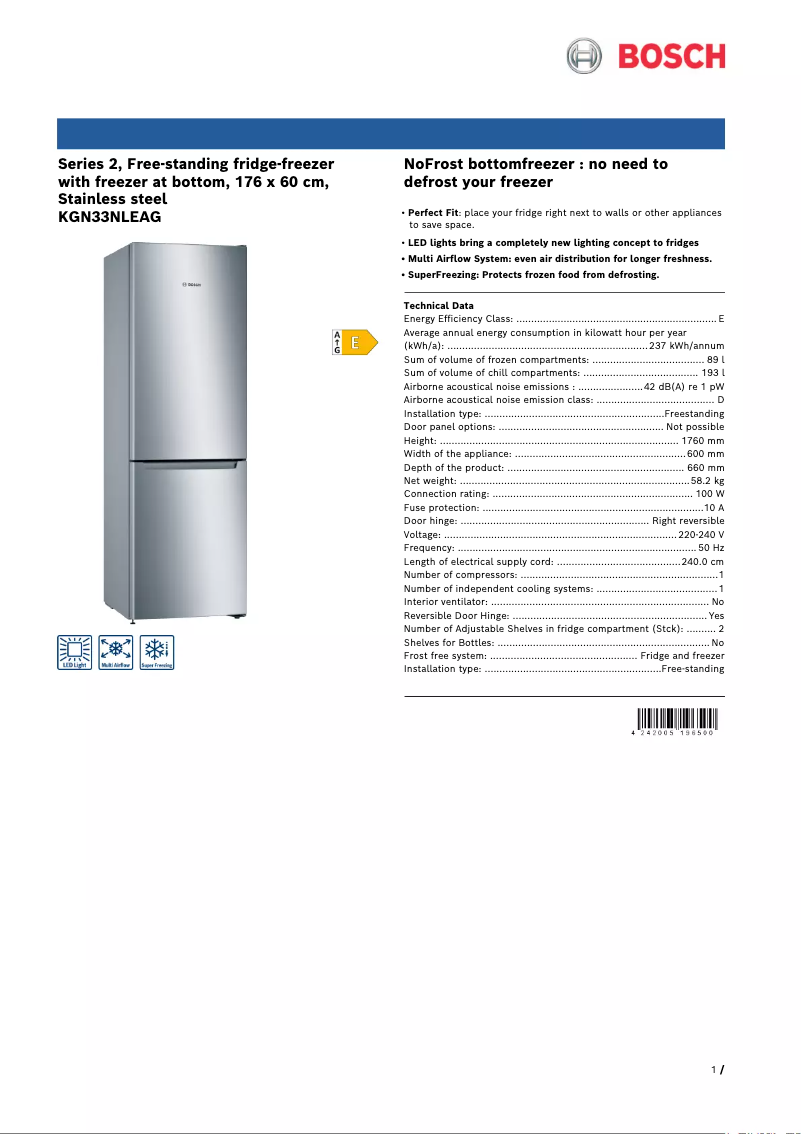 Page 1 de la notice Fiche technique Bosch Serie 2 KGN33NLEAG