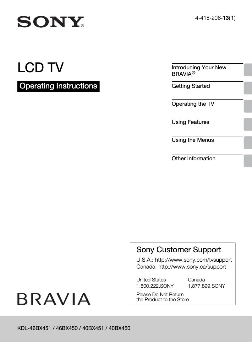 Page n°1 - Manuel utilisateur Sony Bravia KDL-46BX451